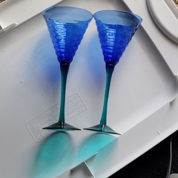 Pier 1 Cobalt Blue Teal Stem Beehive Wine Glasses Water Goblet 2 Pcs 9 Inches - Picture 10 of 12